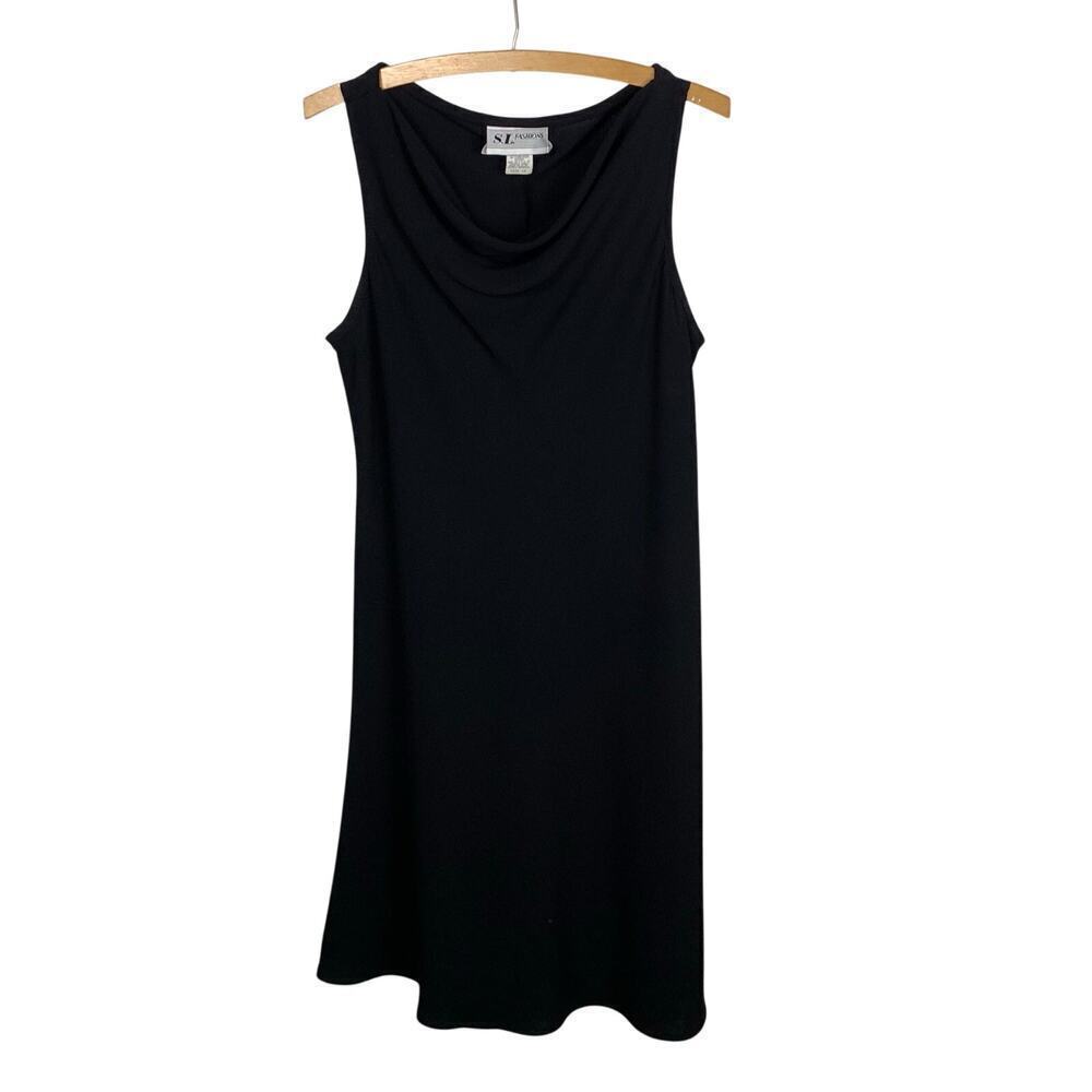 S.L. Fashions Vintage Black Draped Neck Sleeveless Sheath Dress Size 14